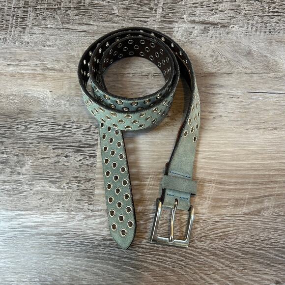 Frank Daniel Blue Green Suede Grommet Belt 85/34 Made in Italy Y2K Punkcore - Picture 1 of 9
